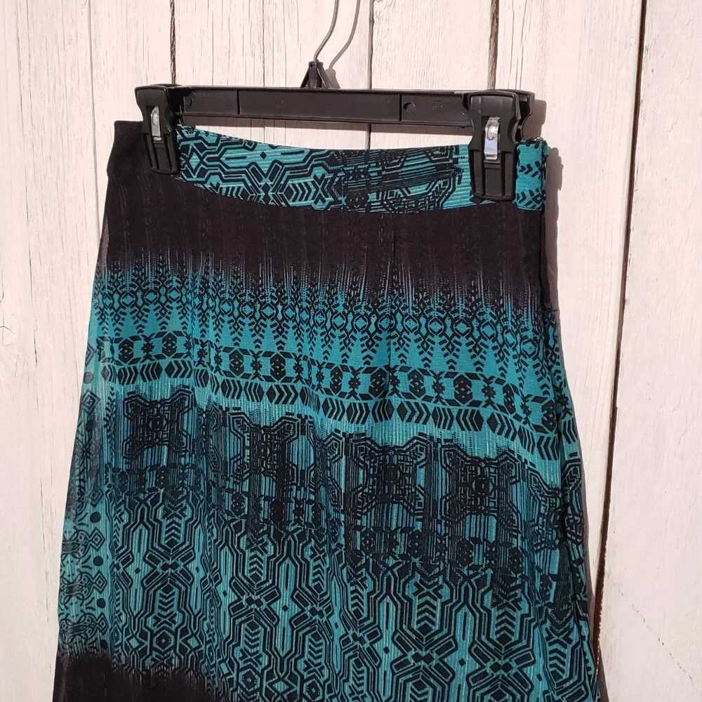 Women's XS Maxi Skirt Teal Black Boho Tribal Festival Ethnic Funky 70s Indie Mod